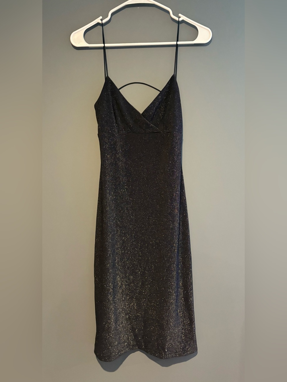 Sparkly Bodycon Dress Size Small Navy Blue Strappy Back City Triangles Coquette